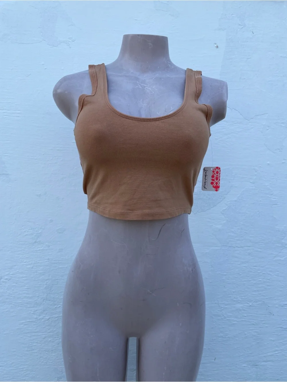 Free People Brown Ribbed Crop Tank with White Floral Detail
